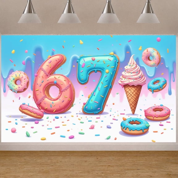 Vibrant Color Donut Themed Banner Pink & Blue Tone Backdrop 3D Number Design Multi-color Donuts Display for 67th Birthday Party Adult Celebration Indoor Event