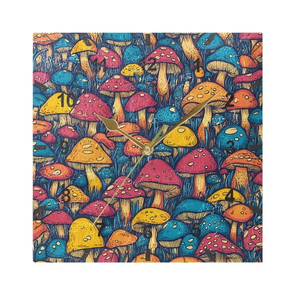 Vibrant Color Mushrooms Wall Clock Battery Operated Silent Non-Ticking Bedroom Office Kitchen Home School Decor 7.8"(Gold)
