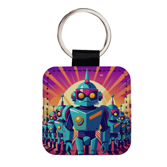 Vibrant Colored Sci-fi Robot Army Marching Faux Leather Square Keychain