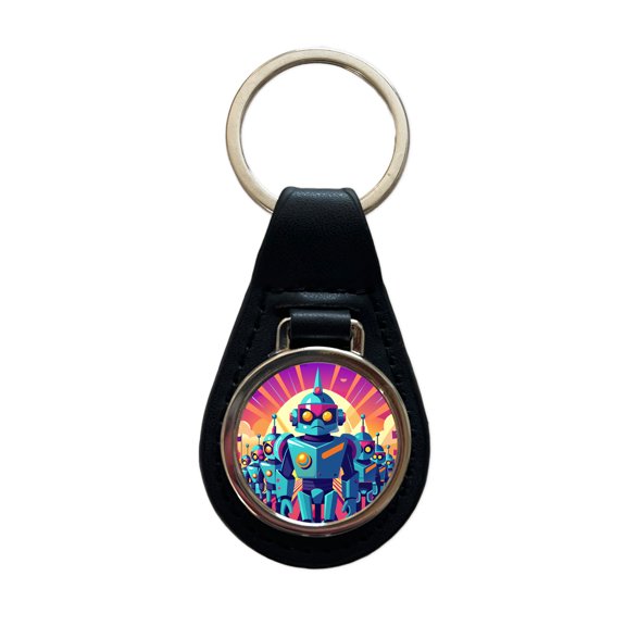 Vibrant Colored Sci-fi Robot Army Marching Metal Black Leather Keychain