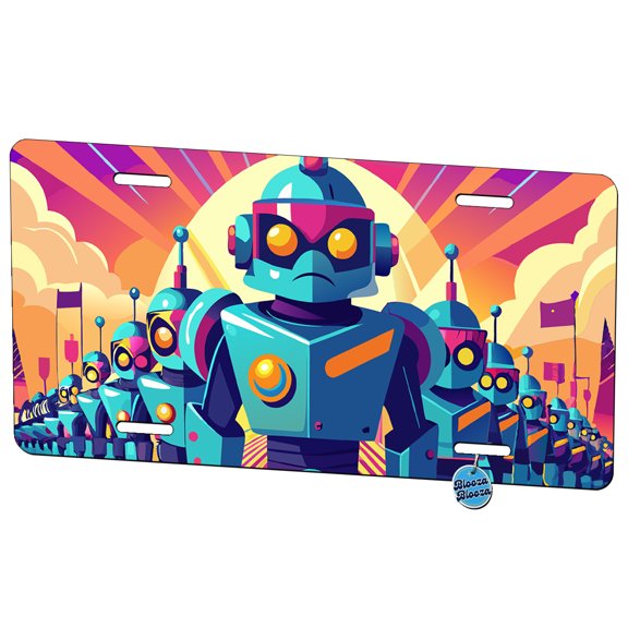 Vibrant Colored Sci-fi Robot Army Marching Metal Novelty License Plate