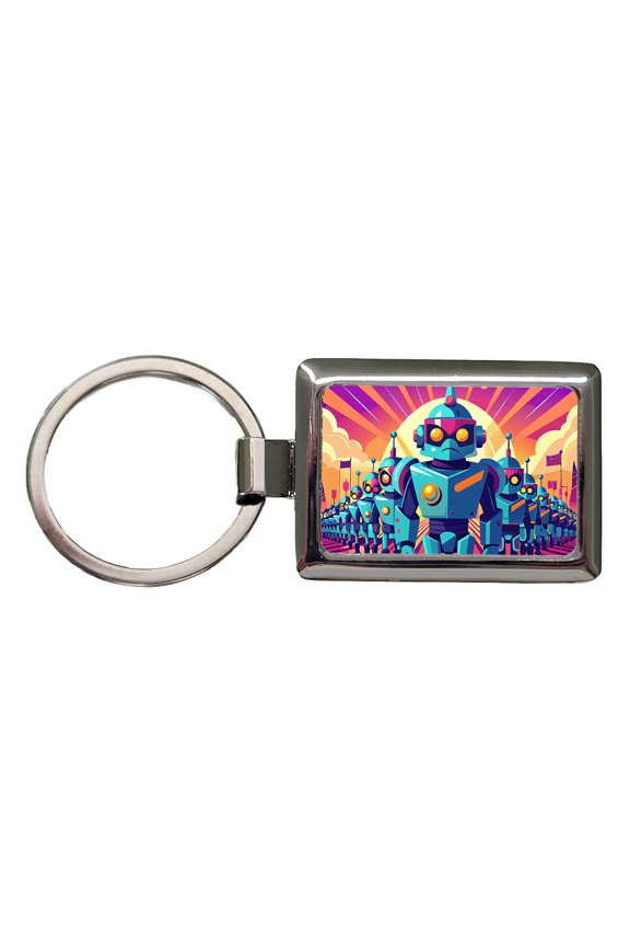 Vibrant Colored Sci-fi Robot Army Marching Metal Rectangle Keychain