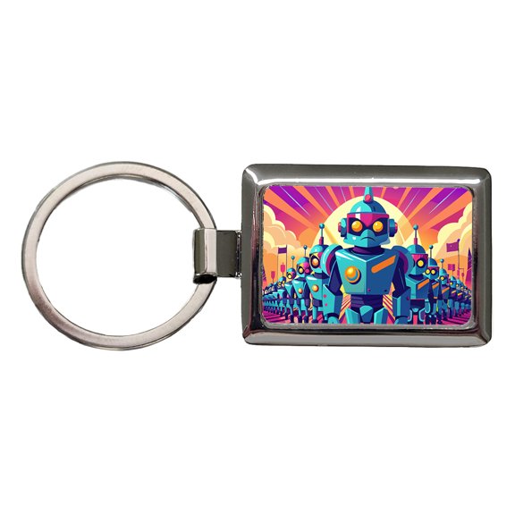 Vibrant Colored Sci-fi Robot Army Marching Metal Rectangle Keychain