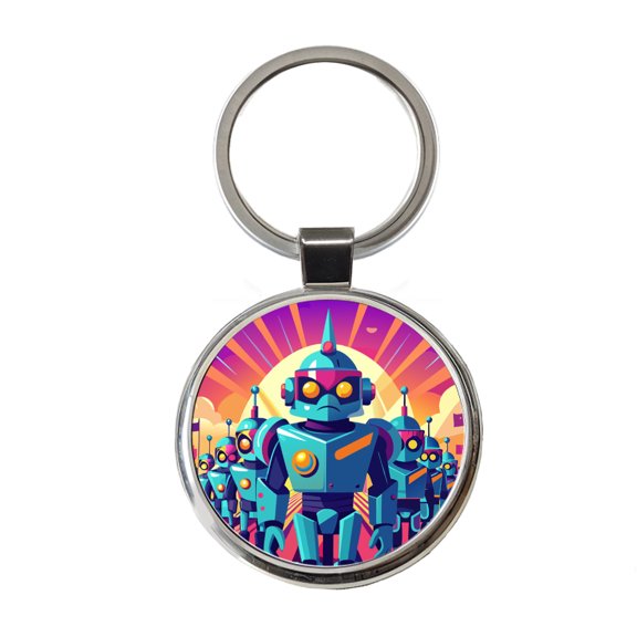 Vibrant Colored Sci-fi Robot Army Marching Metal Round Keychain