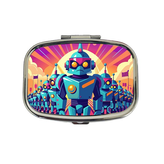 Vibrant Colored Sci-fi Robot Army Marching Small Travel Handbag Pill Box Case