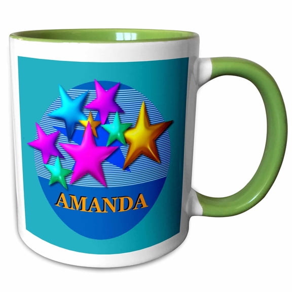 3drose, Vibrant Colored Stars on a Blue Background Personalized with the Name Amanda, 15oz Two-tone Green Mug
