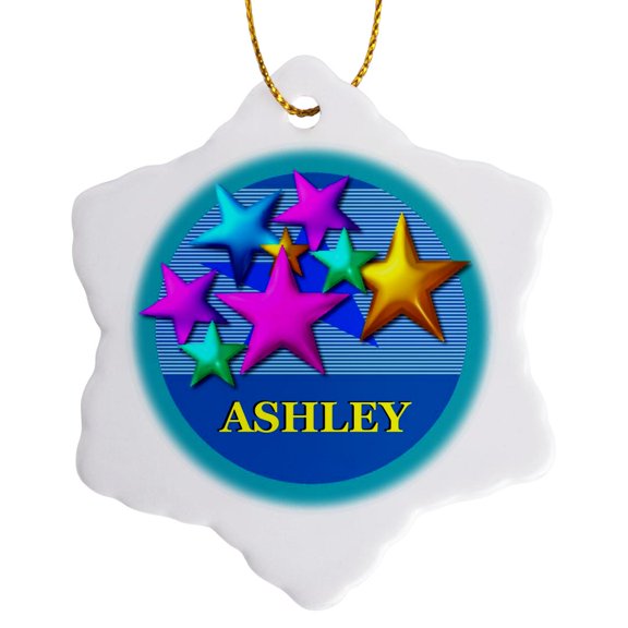 Vibrant Colored Stars On A Blue Background Personalized With The Name Ashley, 3 inch Snowflake Porcelain Ornament