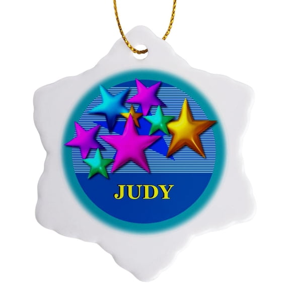 Vibrant Colored Stars On A Blue Background Personalized With The Name Judy, 3 inch Snowflake Porcelain Ornament