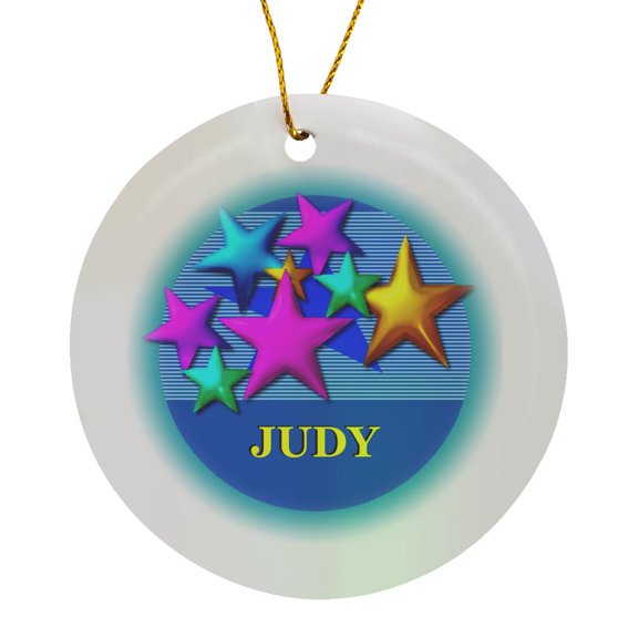 Vibrant Colored Stars On A Blue Background Personalized With The Name Judy, Circle Porcelain Ornament