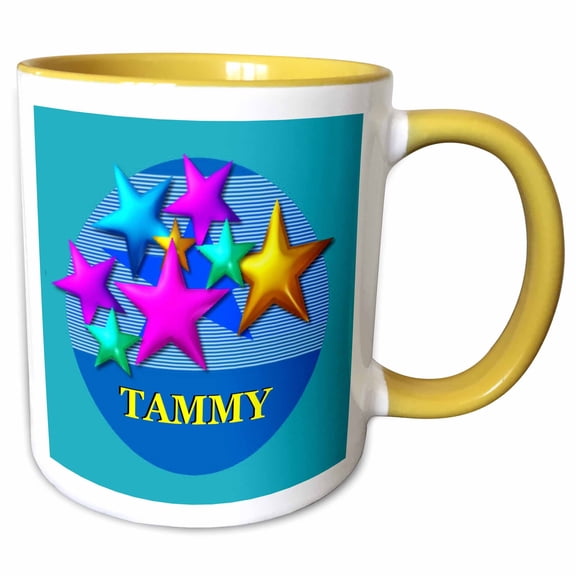 3drose, Vibrant Colored Stars on a Blue Background Personalized with the Name Tammy, 15oz Two-tone Yellow Mug