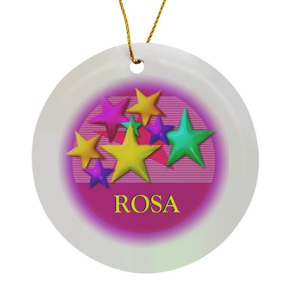 3drose, Vibrant Colored Stars on a Pink Background with the Name Rosa, Circle Porcelain Ornament