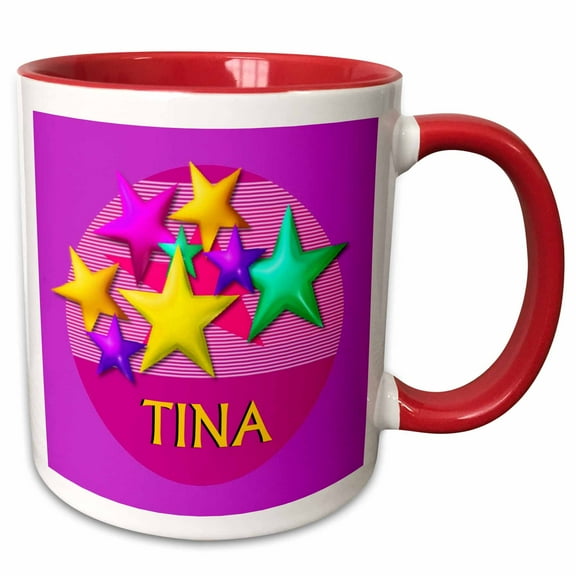 3drose, Vibrant Colored Stars on a Pink Background with the Name Tina, 11oz Two-tone Red Mug