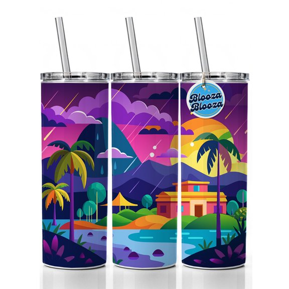 Vibrant Colored Tropical Monsoon Raining Landscape 20oz Insulated Water Bottle Skinny Tumbler Includes Straw