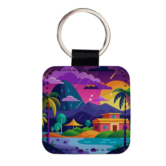 Vibrant Colored Tropical Monsoon Raining Landscape Faux Leather Square Keychain