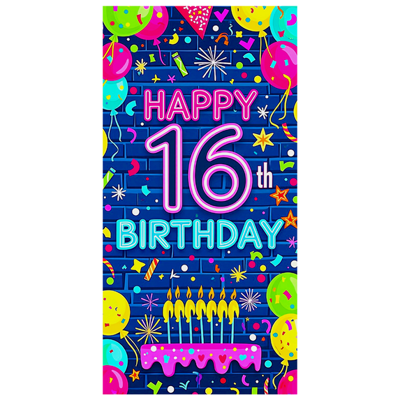 Vibrant Colorful 16th Birthday Banner with Balloons Candles and Confetti Backdrop for Birthday Party Photography Props Decorations Celebration Events