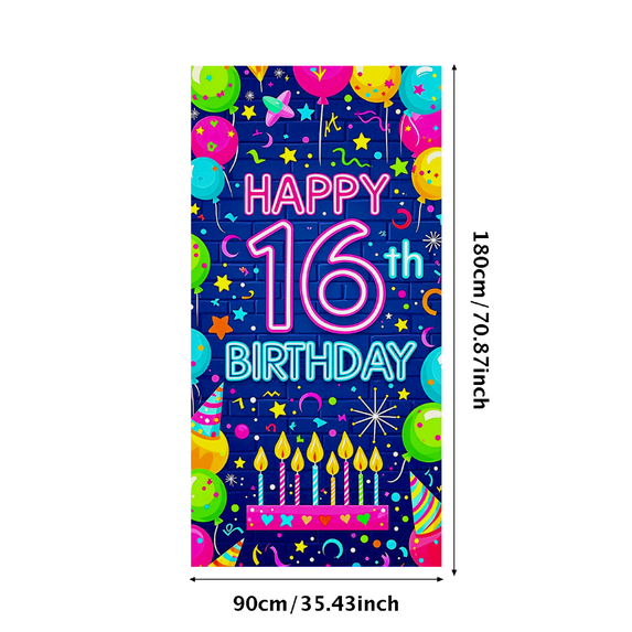 Vibrant Colorful 16th Birthday Banner with Balloons Candles and Confetti Backdrop for Birthday Party Photography Props Decorations Celebration Events