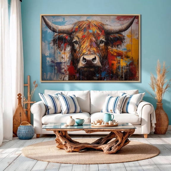 Vibrant Colorful Abstract Cow Portrait Postered On Rustic Farmhouse Pop Art Wall Decor Bright Colors Animal Home Decor, 8x12 UNFRAMED