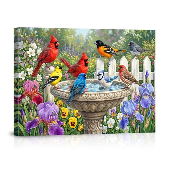 Vibrant Colorful Birds Wall Art Print, Garden Bird Bath Poster, Nature Cardinal Blue Jay Oriole Home Decor