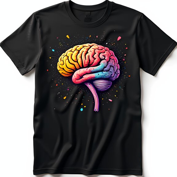Vibrant Colorful Brain Graphic on Black T-Shirt Eye Catching Design