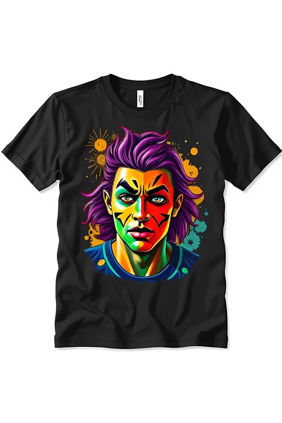 Vibrant Colorful Face Graphic Black T-Shirt with Hair & Splatter Design