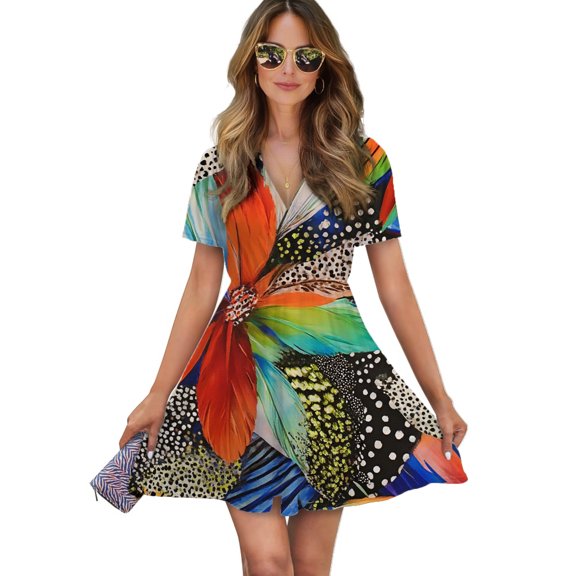 Vibrant Colorful Feather Flower Women Dress V-Neck Short Sleeve Flowy Swing Party Midi Dress