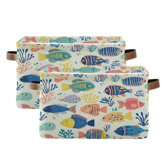 Vibrant Colorful Fish Pattern Foldable Storage Basket,Canvas Fabric Foldable Storage Bins with Handles Open Home Storage Bins Boxes for Toy Book Shelf Closet Baskets