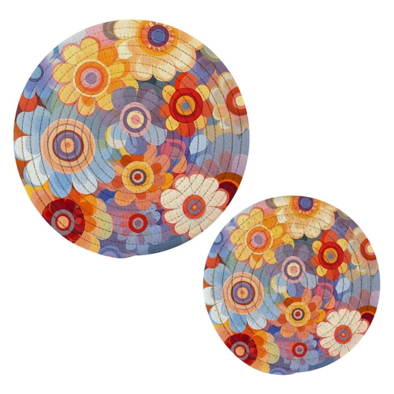 Vibrant Colorful Flowers Pattern Cotton Braided Potholders, 2 Pack Heat-Resistant Pads 7.09'' and 9.45''