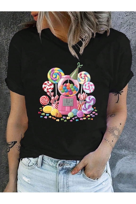 Vibrant Colorful Gumball Machine & Lollipop Candy Graphic T-Shirt for Women, Whimsical Sweet Treats Fashion Top