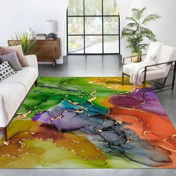 Vibrant Colorful Marble Pattern Modern Abstract Washable Large Area Rug For Living Room Bedroom Thick Art Deco Carpet Under Dining Coffee Table Home Office Floor Rug 5 x 7ft