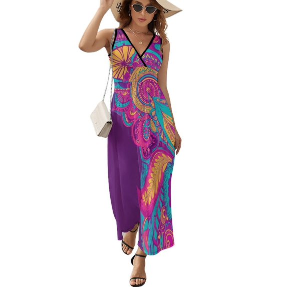 Vibrant Colorful Paisley Floral Design Art King Size Sleeveless Dress Dresses Summer Women Dresses Clothing Woman Dresses Dress