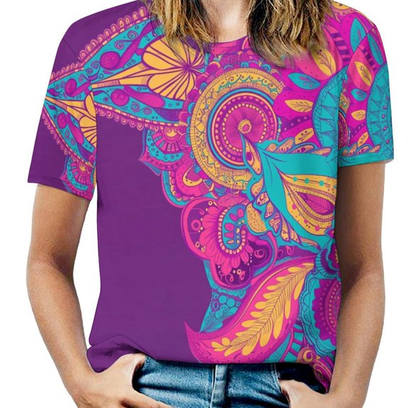 Vibrant Colorful Paisley Floral Design Art Women's Short Sleeve Tops Casual Blouses T Shirt