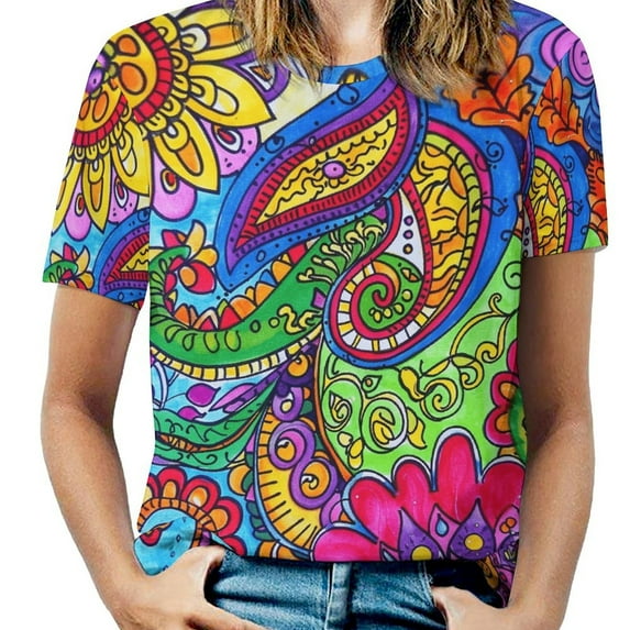 Vibrant Colorful Paisley Floral Design Artwork Women's Short Sleeve T-Shirt Crew Neck Casual Summer Trendy Loose Fit Tops