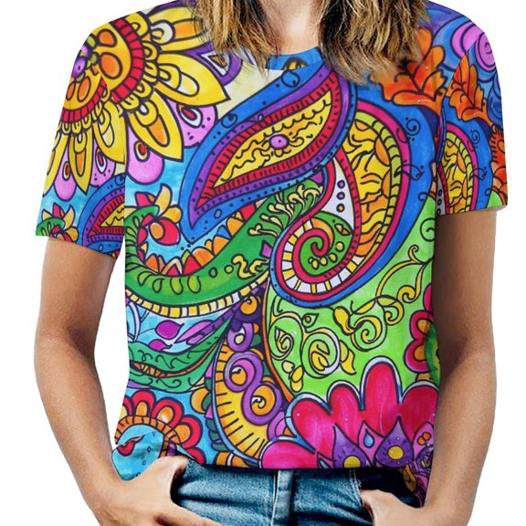 Vibrant Colorful Paisley Floral Design Artwork Women's Short Sleeve T-Shirt Crew Neck Casual Summer Trendy Loose Fit Tops