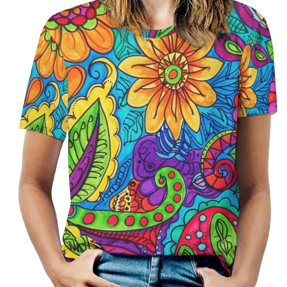 Vibrant Colorful Psychedelic Floral Art Women's T-Shirt Short Sleeve T Shirts Tops Tee Ladies Loose T