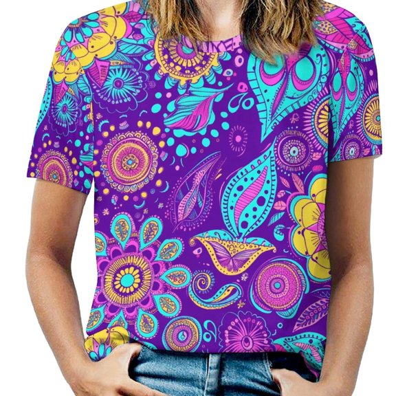 Vibrant Colorful Psychedelic Floral Pattern Womens Tops Women's Fashion Casual Short Sleeve Flower Print Round Neck Pullover Top Blouse