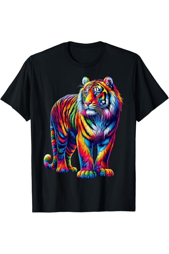 Vibrant Colorful Tiger Art Shirt Rainbow Wild Cat Animal T-Shirt