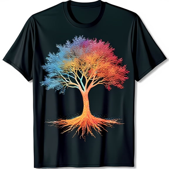 Vibrant Colorful Tree Design Black T-Shirt Unique Artistic Graphic Tee