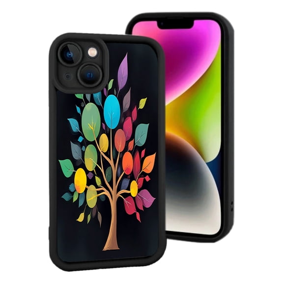 Vibrant Colorful Tree Design Lightweight iPhone 15 Case - Yellowing Resistant Artistic Pattern on Black Background