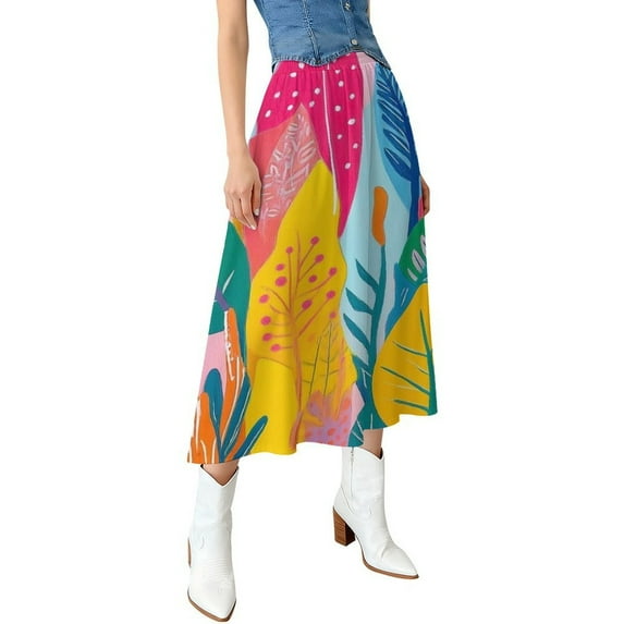 Vibrant Colorful Tropical Leaf Art Women High Waist Midi Skirt Elegant Midi Skirt High Waist A-line for Women