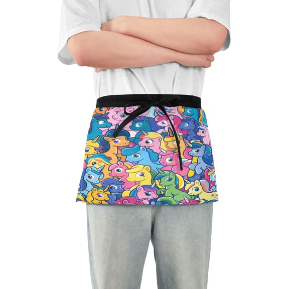 Vibrant Colorful Unicorn Server Apron with 3 Pockets Waterproof Waitress Waist Short Apron for Man Woman 12 Inches