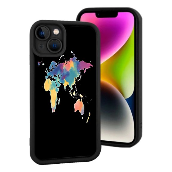 Vibrant Colorful World Map iPhone 15 Case - Lightweight Yellowing Resistant Modern Artistic Design on Black Background