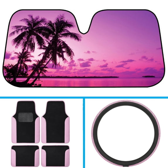 Vibrant Colors Car Accessory Gift Set, Includes Palm Beach Sunset Auto Sunshade, Two-Tone Carpet Floor Mats & Crystal Bling Steering Wheel Cover, Holiday Combo Pack for Autos Truck Van SUV