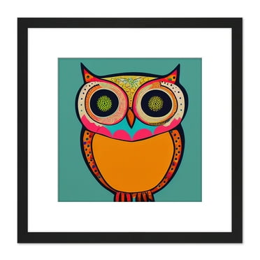 Vibrant Coloured Retro Owl With Tribal Illustration Square Wooden Framed Wall Art Print Picture 8X8 Inch