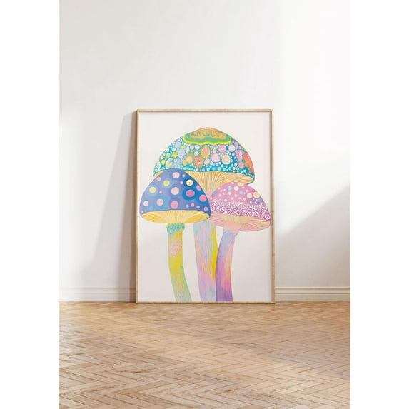 Vibrant Colourful Pastel Pink Blue Green Purple Yellow Mushrooms Floral Botanical Wall Art | Wall Decor| Posters | Art Poster, F047, Stretched Canvas Size 8x12