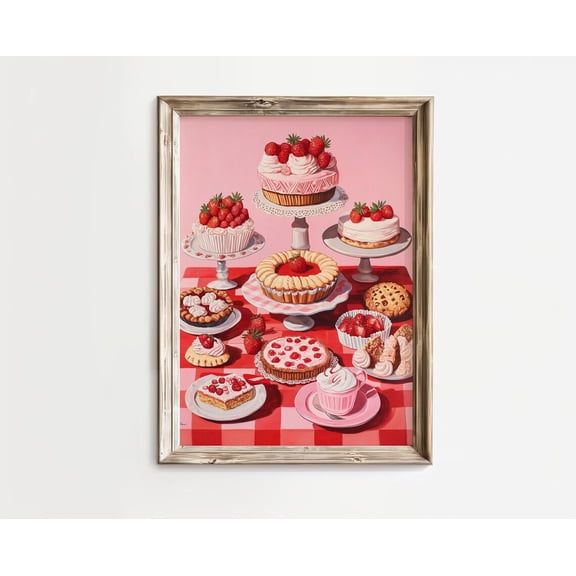 Vibrant Colourful Strawberry Cake Pie On Table Checkered Table Cloth Red Pink Kitchen Wall Art | Wall Decor|Posters| Trendy Art Poster, Unframed Poster Size 24x36