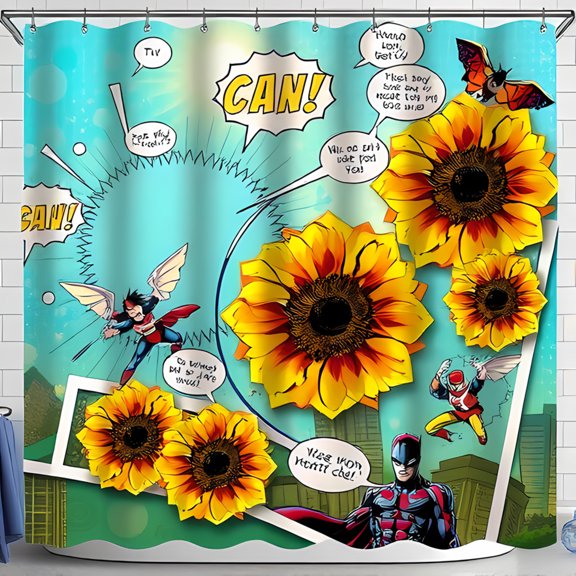 Vibrant Comic - Style Shower Curtain with Sunflowers and Action Speech Bubbles - Perfect for Bathrooms