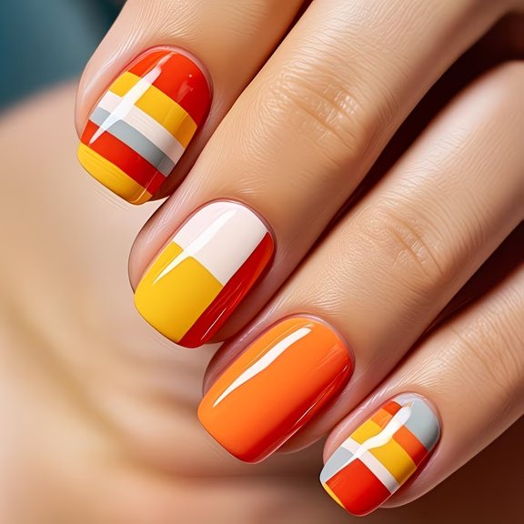 Vibrant Contrast Geometric Fake Nails and Manicure Set: 24 Pieces Short Square Full Cover Artificial Manicure Set, Orange, Red, Yellow and White Color Matching Design