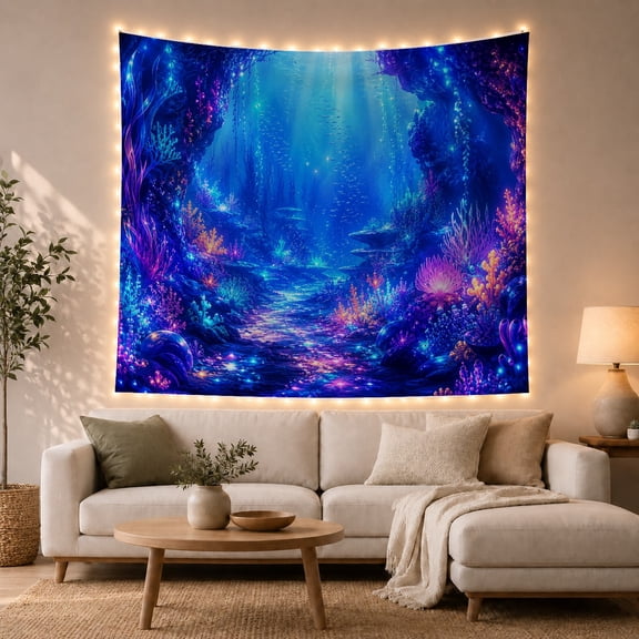 Vibrant Coral Reef with Glowing Anemones in Deep Ocean, Dreamy Fantasy for Ocean Lovers, Enchanted Sea Wall Art, Birthday Gift, Tapestry Wall Hanging for Bedroom and Dorm