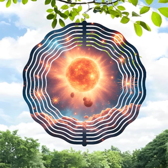 Vibrant Cosmic Metal Hanging Wind Spinner & Chime - Celestial Design with Glowing Sun & Star Patterns for Yard & Garden Decor