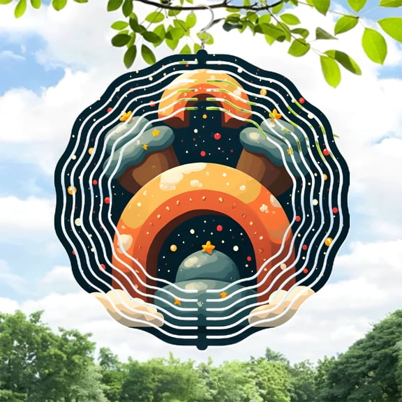 Vibrant Cosmic Metal Wind Spinner with Rainbow Archway & Concentric Circles - Celestial Garden Decor for Yard & Patio
